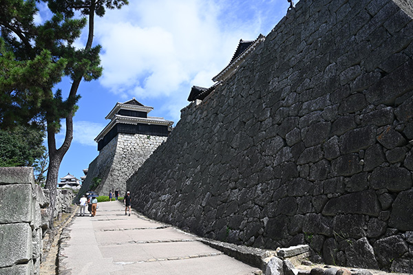手前から、松山城の石垣、太鼓櫓、天守